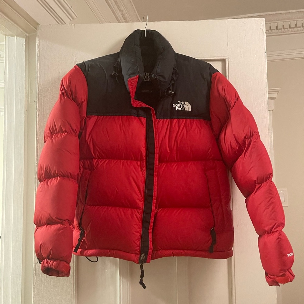 Red the north face nuptse 700 jacket